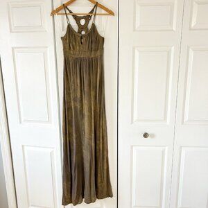 Ella Moss Olive Green Tie-Dye Maxi Dress XS Cutout Back Boho Rayon Spandex EUC